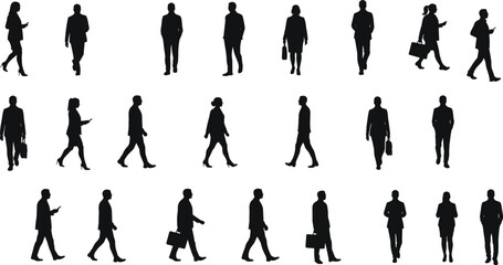 Business people walking silhouettes, professional men and women, urban lifestyle, corporate teamwork, office commute, diverse poses, vector illustration design