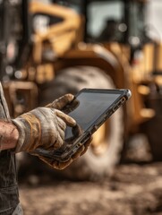 A construction worker wearing gloves operates a rugged tablet at a work site. Heavy machinery is in the background, showcasing an active construction environment during daylight
