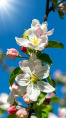 Blossoming apple tree branches against a bright sky