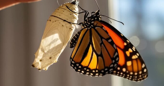 Monarch butterfly emerging from chrysalis in sunlight