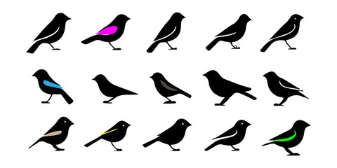 A set of black flying bird silhouettes.  silhouettes, icon, animals, seagull, dove, pigeon, collection, sea, gull