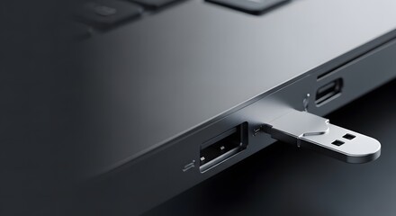 Sleek metallic USB flash drive inserted into a modern laptop's port, a concept of portable digital data storage and transfer