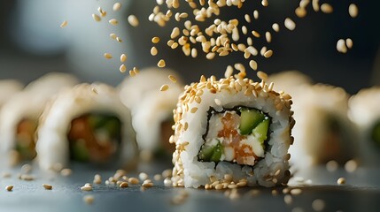 Sesame seeds falling onto sushi rolls in frozen motion macro shot, detailed Japanese cuisine photography with gourmet styling

