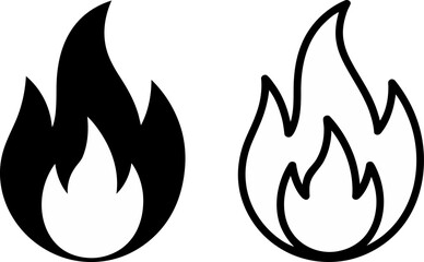 Fototapeta premium Two stylized flame icons, one solid black and the other outlined in black, representing fire.
