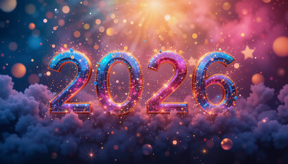 Vibrant 2026 New Year Poster – Shimmering Lights, Cosmic Party Vibes.  Sparkling 2026 New Year Background – Neon Bokeh Celebration Clouds