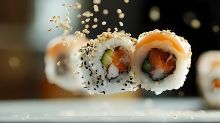 Sesame seeds falling onto sushi rolls in frozen motion macro shot, detailed Japanese cuisine photography with gourmet styling
