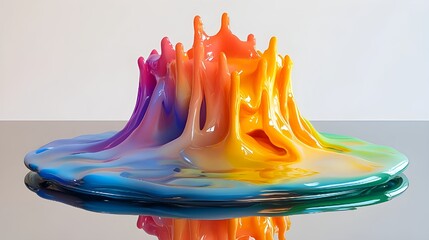 Dessert sculpture of melting rainbow sorbet on mirrored glass, futuristic gourmet concept with artistic food photography style
