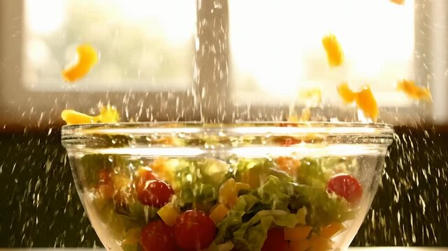 Tossing Fresh Healthy Garden Salad in Glass Bowl, Slow Motion