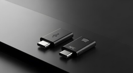 Sleek black USB-C adapters for modern device connectivity and efficient data transfer, featuring one NFC-enabled connector, presented on a dark, reflective surface