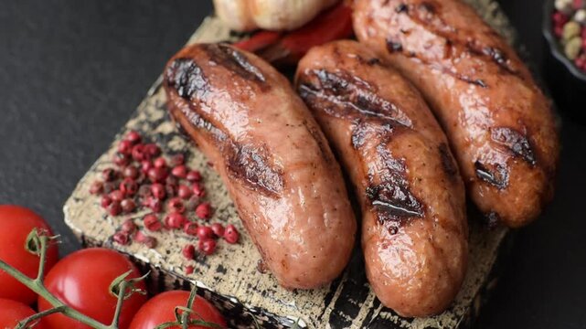 Grilled chicken or beef sausages with sauce and spices. Grilled sausages as a food background for your design