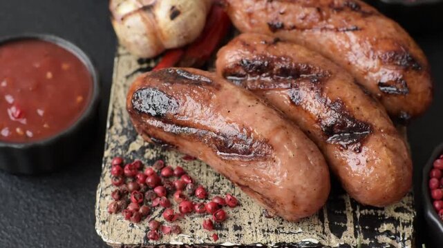 Grilled chicken or beef sausages with sauce and spices. Grilled sausages as a food background for your design