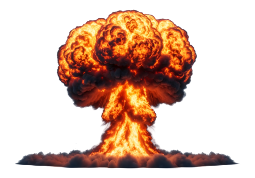 A dramatic explosion, featuring intense orange and red flames rising from a dense cloud of dark smoke, is centrally composed against a stark black backdrop.