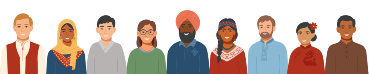 People of different nationalities in traditional clothing. Concept of cultural diversity, equality, social inclusion and friendship. Vector flat background.