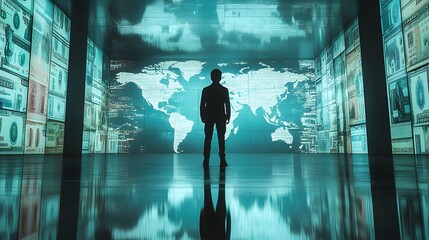 Man standing in front of a world map and money displays