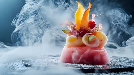 Hell-styled sorbet presented as abstract dessert sculpture with creative food styling, artistic gourmet photography concept
