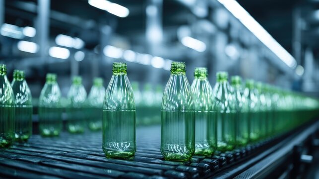 Green bottles on a production line