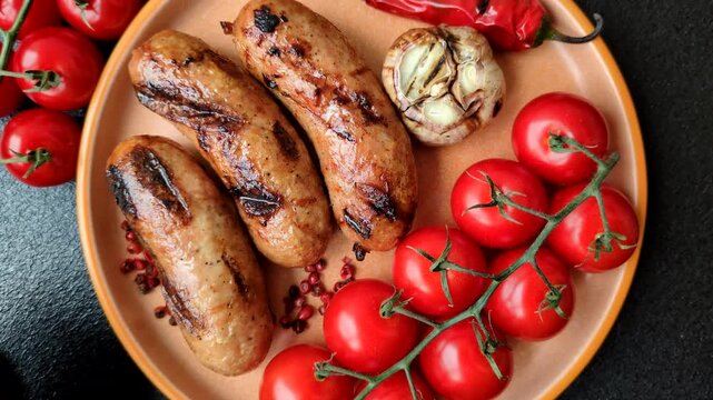 Grilled chicken or beef sausages with sauce and spices. Grilled sausages as a food background for your design