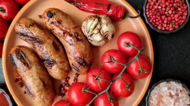 Grilled chicken or beef sausages with sauce and spices. Grilled sausages as a food background for your design