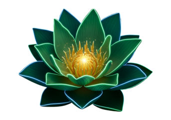 A vibrant, neon-highlighted lotus flower blossoms against a striking black backdrop, radiating a sense of otherworldly beauty.