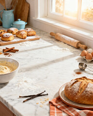 A sun-drenched counter showcases the art of baking, with an array of freshly baked goods and culinary tools, evoking warmth and the inviting aroma of a home bakery.