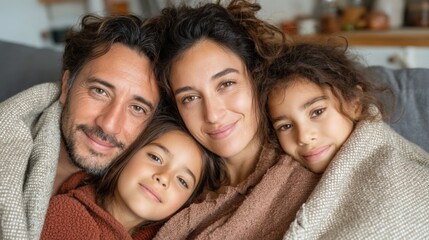 A heartwarming portrait shows a smiling family of four snuggled together under a cozy blanket in their comfortable home, sha a loving moment with smiles.
