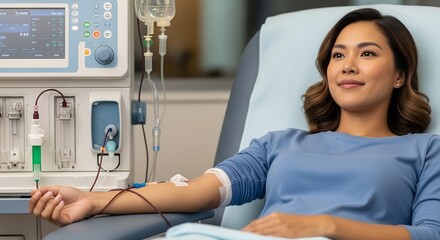 Woman receiving blood donation treatment while sitting in clinic chair  
