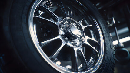 Fototapeta premium Close-up of a shiny car wheel and tire in a workshop setting.