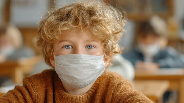 A young student with blond curly hair wea a protective face mask sits at his desk in the classroom, looking directly at the camera du the school day.