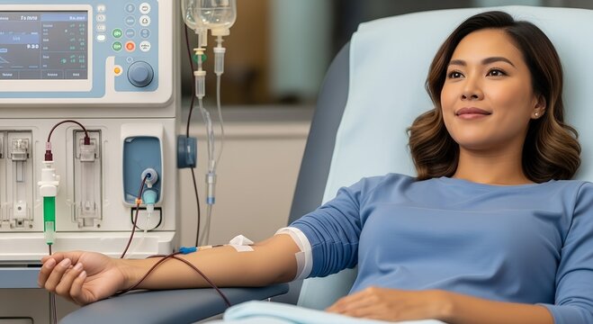 Woman receiving blood donation treatment while sitting in clinic chair