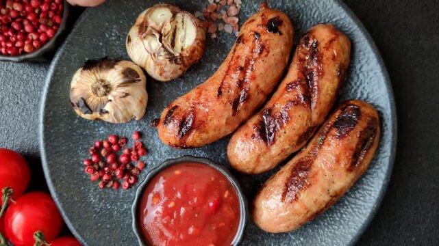 Grilled chicken or beef sausages with sauce and spices. Grilled sausages as a food background for your design