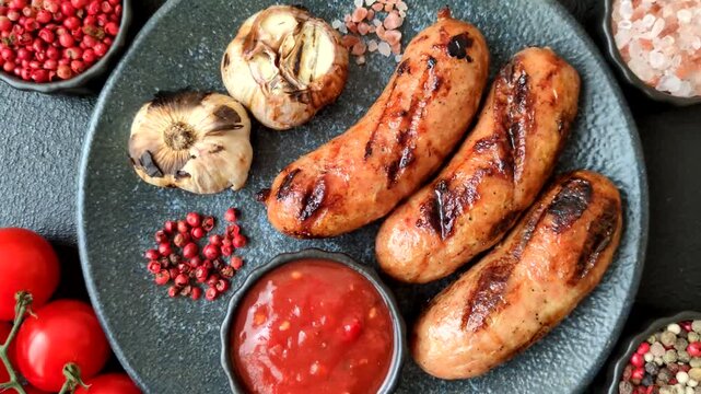 Grilled chicken or beef sausages with sauce and spices. Grilled sausages as a food background for your design