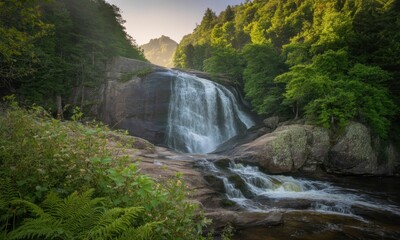 Cascading waterfall in lush forest