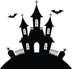 Spooky haunted church silhouette with bats flying, graveyard tombstones, eerie Halloween scene, dark gothic atmosphere, creepy night vector design