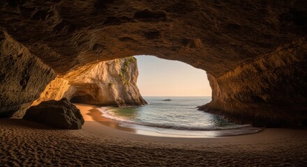 Cave opening onto a beach at dawn.  Golden light streams through a large cave entrance onto a sandy cove, calm ocean waves lapping at the shore