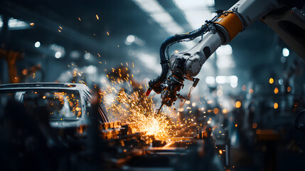 Robotic arm welding metal in an industrial factory setting with sparks.