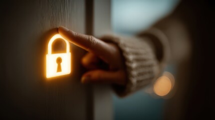 A hand reaches out to a glowing padlock icon symbolizing security and protection in a digital or virtual environment.