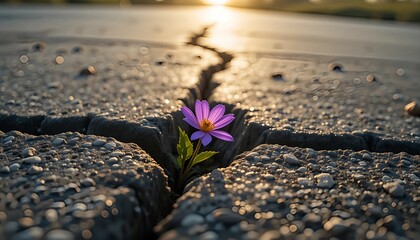 Vibrant purple wildflower growing through crack in grey concrete pavement, illuminated by golden sunlight with hyper-realistic detail and bokeh, symbolizing hope and resilience