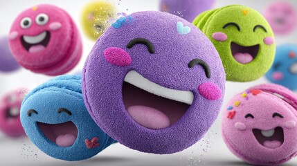 Colorful macarons with happy emoji faces, floating in the air