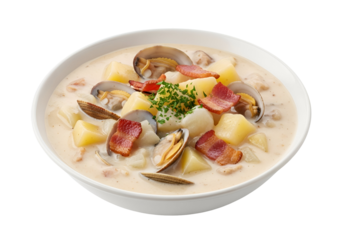 Creamy chowder featuring clams, potatoes, and bacon, served in a white bowl.