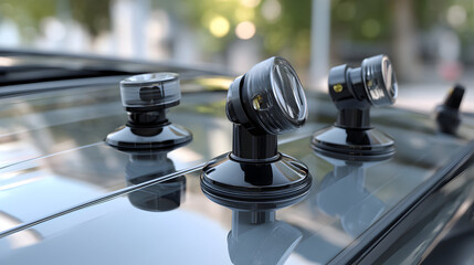 Obraz premium Three black devices mounted on a vehicle roof presumably for surveillance or recording.