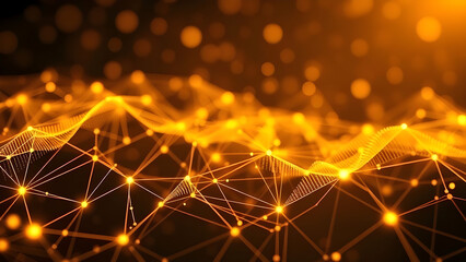 Abstract Gold data visualization mesh background featuring digital technology and networked information.