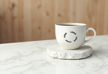 White ceramic mug mockup on marble surface