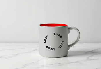 White ceramic mug mockup on marble surface © Alan