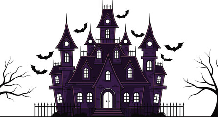Spooky haunted house castle illustration with flying bats, dark gothic windows, creepy trees, Halloween night atmosphere, horror scary vector art