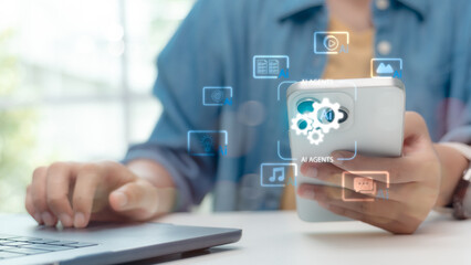 Businessmen using AI agents on smartphone with digital automation, data processing, and smart technology for business solutions and innovation.