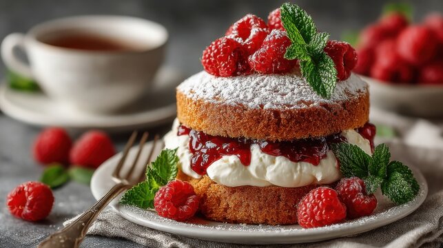 Victoria Sponge is a classic UK dessert with layers of light sponge, raspberry jam, and cream, dusted with powdered sugar, served on a white plate, sweet and elegant.