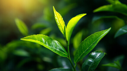 Obraz premium Young tea leaf with fresh green color glowing under sunlight in natural garden environment