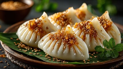 Yomari is a traditional Nepalese dessert of sweet rice flour dumplings filled with jaggery and sesame paste, steamed and arranged on banana leaves, soft, aromatic, and visually appealing.