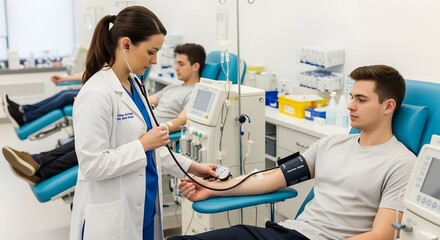 Obraz premium Doctor measuring blood pressure of male patient in healthcare clinic 