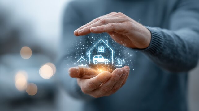A person"s hands protect a glowing digital hologram of a house with a car and smaller houses, symbolizing home security and protection.
